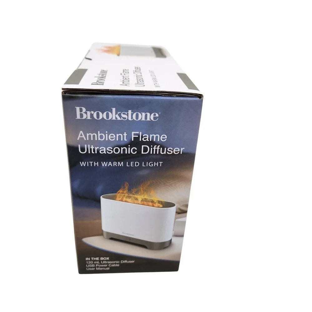 Brookstone Ambient Flame Ultrasonic Diffuser Oil Warm LED Light USB White Small